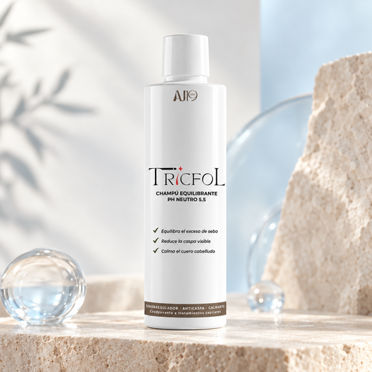 Tricfol Equilibrante de AJ19 Labs, champú de 200 ml con pH 5.5, sobre piedra clara con luz suave.